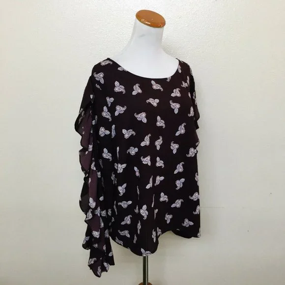 1.State Women's Paisley Petals Ruffle Slit Sleeve Top Crepe Blouse XXL Bateau - Picture 4 of 8